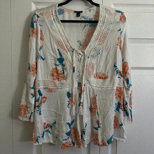 Torrid Floral Women's Shirt Blouse Gauze Plus Size 1XL White Pink Bohemian Boho